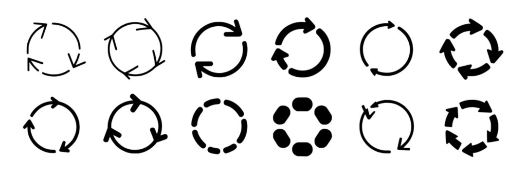 Circular arrow refresh, reload, rotate vector icon set. Hand-drawn, doodle, sketch, thin line, bold, dotted and solid circle arrow graphic collection in black and white. UI, web design elements, cycli