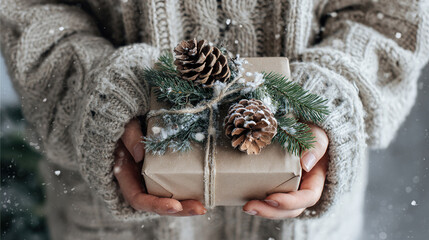 Festive wrapped present held in sweater-clad hands with winter accents
