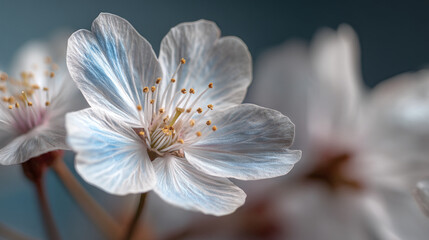 A close up shot showcasing the delicate beauty of a white cherry blossom in soft focus against blue