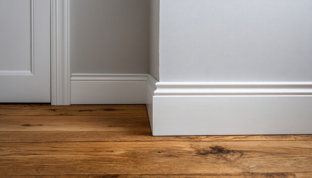 Close-up features a corner with wooden flooring and white trim, highlighting the craftsmanship of interior design in a contemporary setting