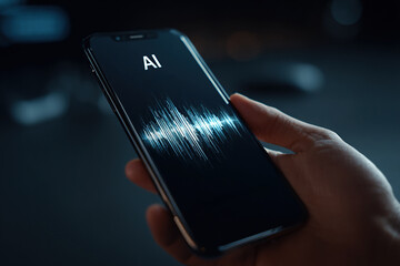 AI-powered mobile phone app with a glowing sound wave interface.