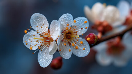 A close up of white blossoms with water droplets on the petals against a blurred background image