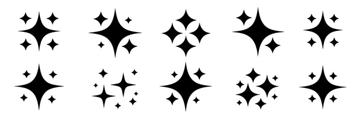 Black sparkle and starburst vector collection. Twinkle, glitter, and shine graphic elements set. Monochrome, minimal design, star shapes illustration on white background. Decorative elements, effect, 