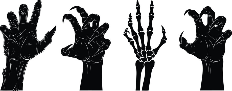 Four halloween monster hands and skeleton hand silhouette