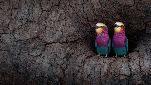 Colorful couple of lilac breasted roller birds together in their nest. An enchanted forest with whispering trees provides peaceful home