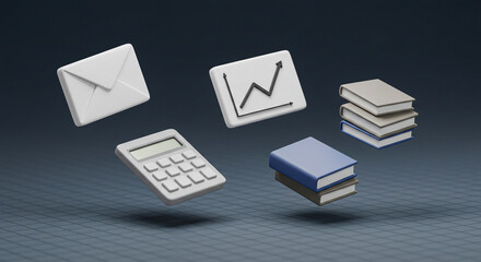 3d icons of finance and education objects floating on a grid