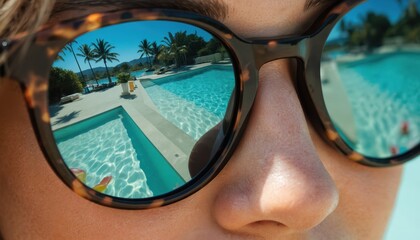 Pair of sunglasses with vibrant colorful lenses reflecting clear blue sky, green palm trees, sandy beach. Sharp focus on glasses against tranquil pool area with serene blue water, white lounge chair,