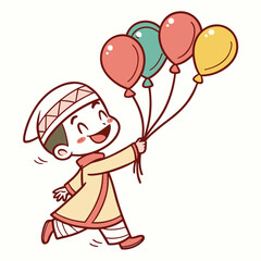 A fun and colorful illustration of a boy and girl with balloons, celebrating a joyful birthday party with hearts and gifts, capturing the happiness and love of children during a holiday
