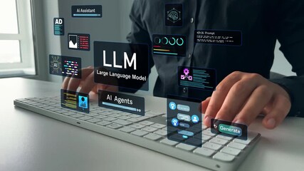 User working on laptop in LLM,Data performrange language tasks,answering questions, summarizing information, translating languages, writing code. Large language model(LLM) with AI technology.	 - Powered by Adobe