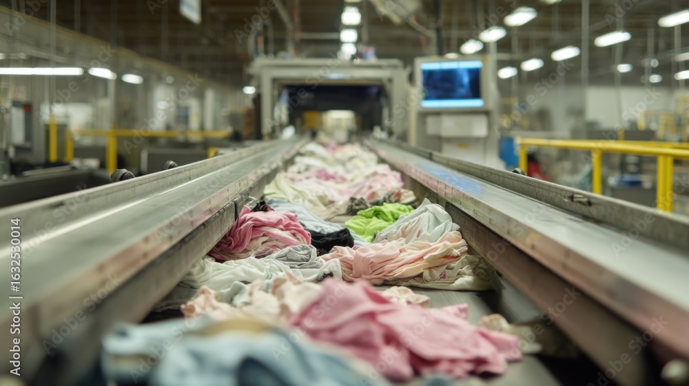 Poster an intimate perspective of a conveyor system as various garments pass through the nir scanning area 