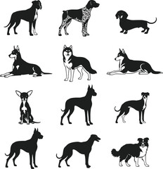 PrintDog breed silhouettes, black vector dogs, various canine shapes, pet icon collection, animal graphic design, veterinary theme, white background art, puppy outline illustration