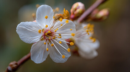 Close up shot of a white blossom with yellow stamen on a branch in a blurry background outdoors