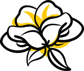 Bold black outline defines stylized flower with yellow accents on a white backdrop