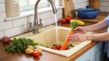 a woman washing the vegetables in a kitchen