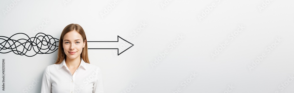 Poster confident woman with straight arrow and tangled line concept on white background representing clear 