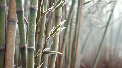 Frosted bamboo stalks swaying in the winter wind