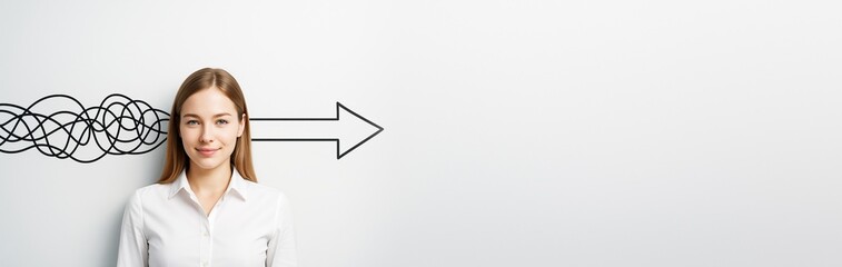 Confident woman with straight arrow and tangled line concept on white background representing clear thinking and problem-solving direction.