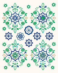 Floral pattern design vector art with flower elements and decorative ornament in green blue and gold color palette vector illustration