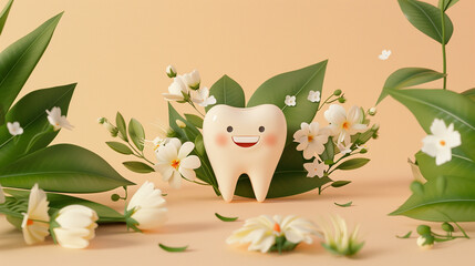 A cheerful tooth figure sits among green leaves and white flowers, creating a fun and fresh arrangement on a light peach background. AI generated