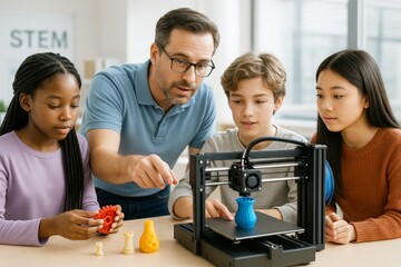 Teacher guiding diverse group of students using 3D printer to create colorful objects in STEM class with bright background and creative atmosphere. Ai generative
