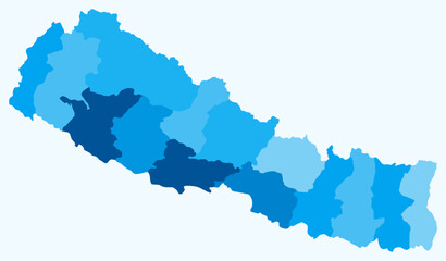 Obraz premium Map of Nepal with regions. Just a simple country border map with region division. Light blue color palette. Blank Nepal shape with administrative division. Vector illustration.