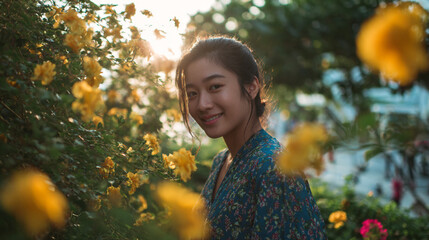 A young woman smiling among yellow flowers in a garden during a sunny day with a blue dress on her