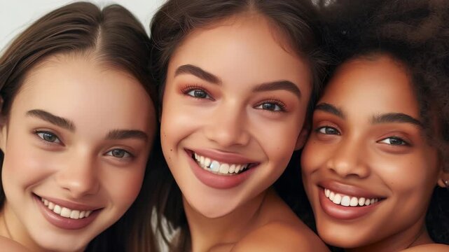 Three young women diverse ethnicities are closely grouped, smiling radiantly with healthy skin. highlights natural beauty, celebrates inclusivity. Close-up shot, white background.