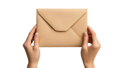 Hands holding a closed brown envelope isolated on transparent background