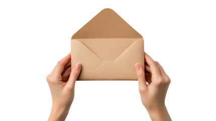 Hands holding an open brown envelope isolated on transparent background