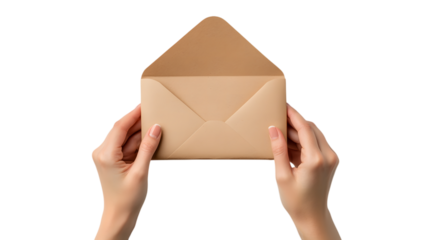 Hands holding an open brown envelope isolated on transparent background