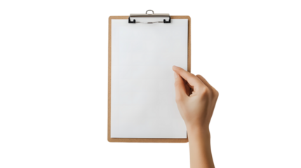 Hand pointing at blank paper on a clipboard isolated on transparent background