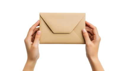 Hand holding a brown envelope isolated on transparent background