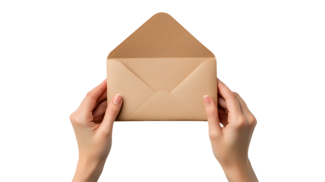 Hands holding an open brown envelope isolated on transparent background