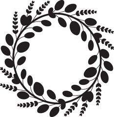 Black botanical wreath with oval leaves and small sprigs vector