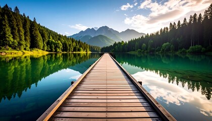 Fototapeta premium Serene lake vista with wooden pier