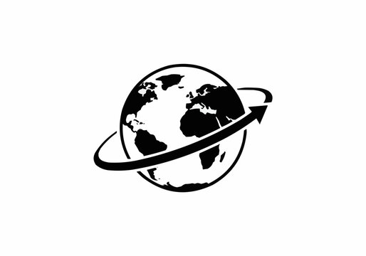 A black and white illustration of a globe with an arrow circling around it in a simple design