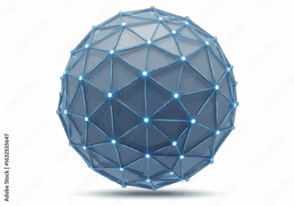 Poster geometric sphere with triangles and glowing dots on a white background in soft lighting