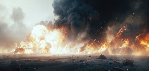 Dramatic scene of forest fire with large bush ablaze. Vibrant orange, yellow flames consume foliage, creating striking visual narrative. Dark forest background contrasts with intense fire,