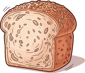 A cartoon illustration of a sliced loaf of whole grain bread with a crust covered in seeds.
