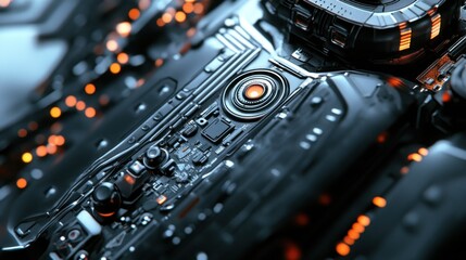 Futuristic circuit board close-up with glowing components; technological innovation in background