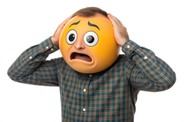 Annoyed emoji emoticon plugging his ears to avoid loud noise, having irritated look. On AI generated by PNG