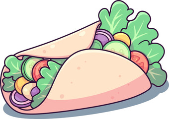Colorful cartoon veggie wrap filled with fresh lettuce tomato cucumber and onion.