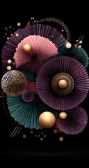 Abstract art with layered, textured circles and fans in deep purple, rose, and teal