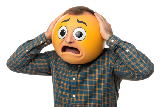 Annoyed emoji emoticon plugging his ears to avoid loud noise, having irritated look. On AI generated by PNG