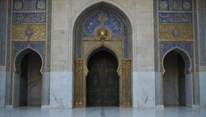 Grand entrance to Sultan Ahmed Mosque in Mecca, Saudi Arabia. Towering minarets, large arched doorway with gold designs, flanked by smaller doorways. Beige stone facade, gold accents, striking visual