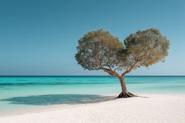 Heart-shaped tree standing on white beach near clear blue sea.