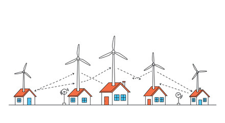 Sustainable home energy network visualization with wind turbines and solar panels in linear style