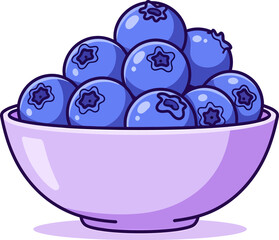 Stylized cartoon illustration of plump blue blueberries piled in a light purple bowl.