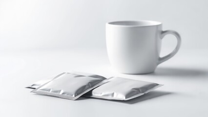 White mug and foil packets on white surface