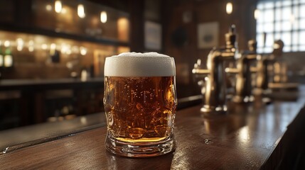 A frosty mug of beer with a thick head sits on a wooden bar top in a dimly lit pub setting indoors